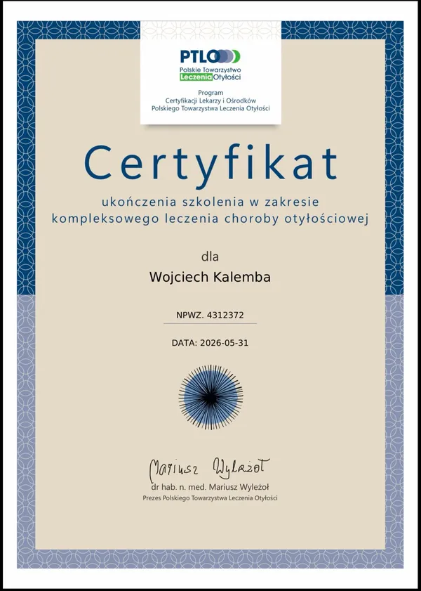 Certyfikat PTLO — lek. Wojciech Kalemba, leczenie otyłości