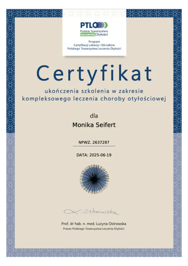 Certyfikat PTLO — dr Monika Seifert